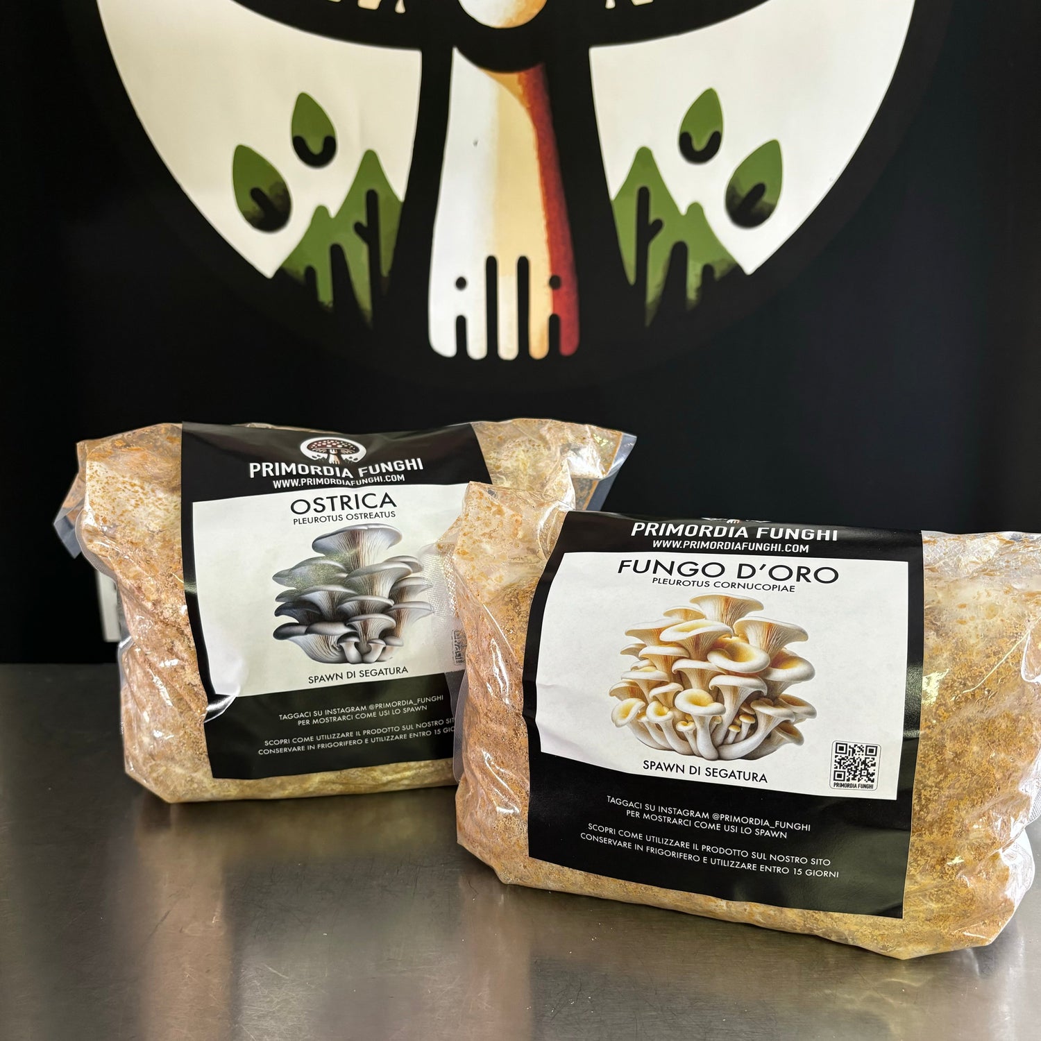 Due confezioni di spawn di segatura: a sinistra di fungo Ostrica (Pleurotus Ostreatus), a destra di fungo d’Oro (Pleurotus Cornucopiae). Sullo sfondo, il logo di Primordia Funghi.