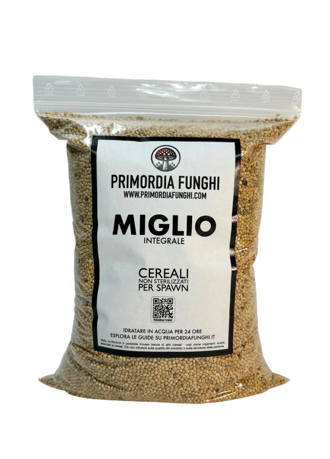 Confezione da 1 kg di cereali di miglio integrale con etichetta Primordia Funghi.