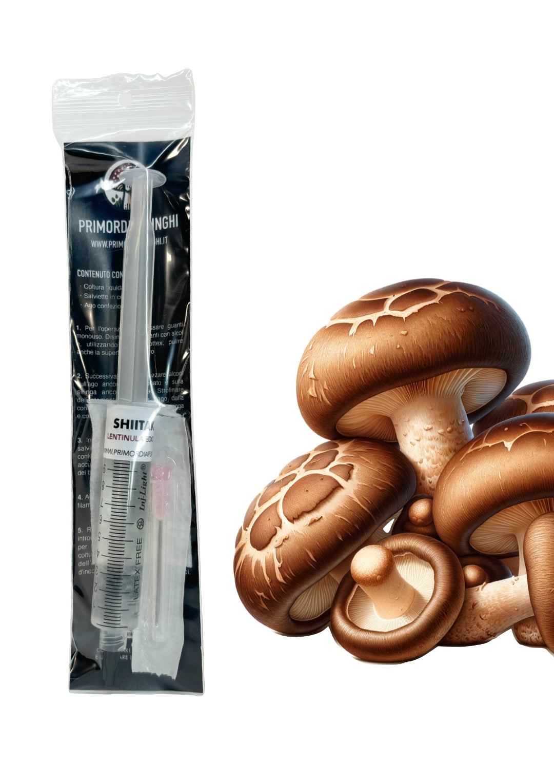 Una confezione contenente una siringa di micelio liquido di fungo Shiitake (Lentinula Edodes), un ago sterile, una salvietta e istruzioni per l'utilizzo. Alla destra alcuni funghi Shiitake.